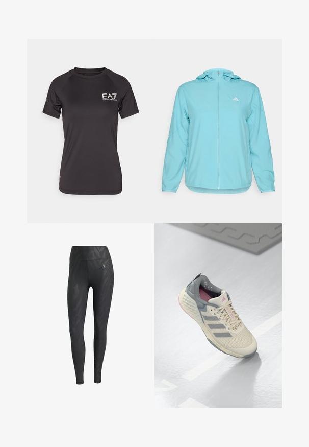 Jasnoniebieska kurtka z kapturem z pełnym zapięciem na zamek z przodu, z małym białym logo po lewej stronie klatki piersiowej oraz kieszeniami bocznymi na zamek.; Czarna sportowa koszulka z krótkim rękawem wykonana z lekkiego materiału. Ma logo na lewej piersi i gładkie, teksturowane wykończenie.; Czarne legginsy z tonalnym wzorem zebry, wysoki stan, gładka tekstura oraz logo Adidas na lewym biodrze. Wykonane z elastycznego materiału.; Beżowy but sportowy z szarymi akcentami, siateczkową cholewką i teksturowaną podeszwą. Posiada trzy szare paski i różowe detale wewnętrzne.