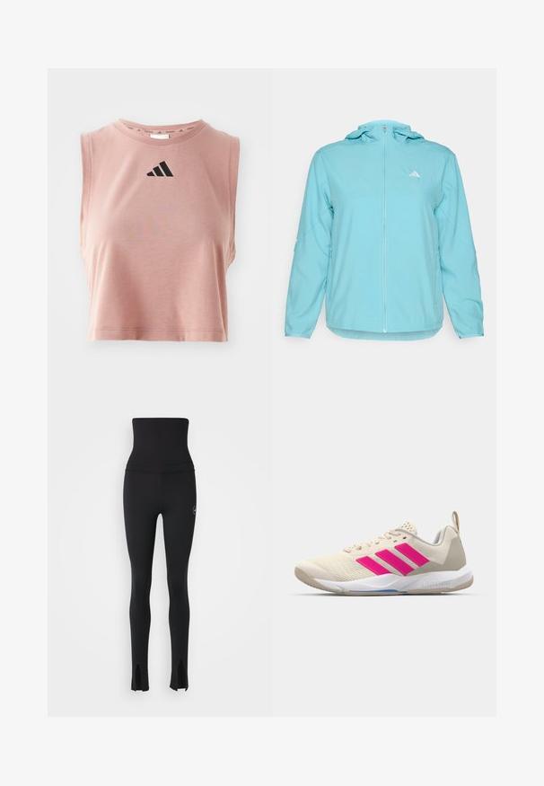 Light blue hooded jacket with a full front zip, featuring a small white logo on the left chest and zippered side pockets.; Pink cropped tank top made of soft fabric, featuring a round neckline and black Adidas logo on the front. Sleeveless design.; adidas by Stella McCartney Leggings - black; Beige athletic shoe with pink three-stripe logo, textured mesh upper, padded collar, and white rubber sole, featuring "LIGHTSTRIKE" branding.