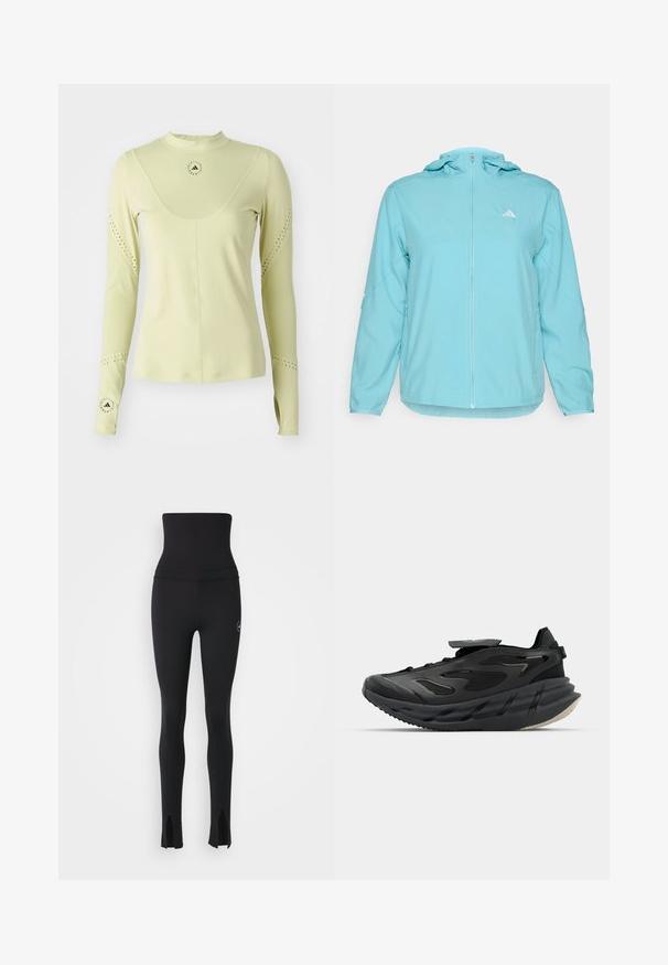 Hellblaues Hoodie mit durchgehendem Reißverschluss, ausgestattet mit einem kleinen weißen Logo auf der linken Brust und seitlichen Reißverschlusstaschen.; adidas by Stella McCartney Langarmshirt - halo gold; adidas by Stella McCartney Tights - black; adidas by Stella McCartney ADISTAR - Trainingsschuh - core black/utility black/almond milk