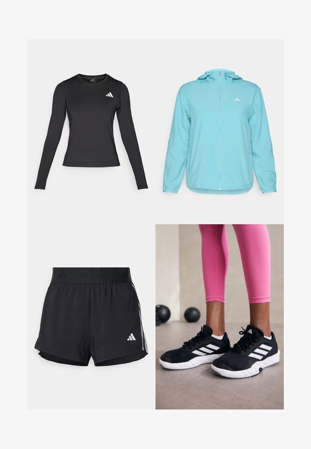 Chaqueta con capucha de color azul claro, con cremallera frontal completa, que presenta un pequeño logotipo blanco en el lado izquierdo del pecho y bolsillos laterales con cremallera.; Camiseta atlética de manga larga negra, hecha de un material suave y elástico. Presenta un logo blanco en el pecho. Diseño ajustado con cuello redondo.; Pantalones cortos deportivos negros con una cintura elástica, que presentan una banda texturizada, rayas laterales y un logo blanco de Adidas en el dobladillo inferior.; Zapatillas deportivas negras con rayas blancas, parte superior de malla texturizada y suela blanca. Combinadas con leggings rosa, exhibiendo ropa de entrenamiento.