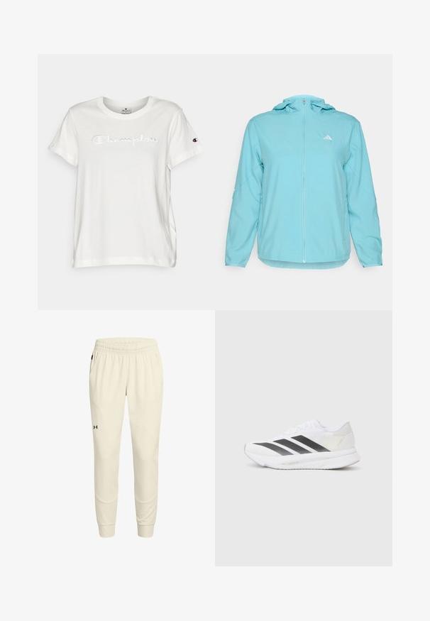 Světle modrá bundu s kapucí a plným předním zipem, na levé části hrudi má malé bílé logo a boční kapsy na zip.; Champion ICONS CREWNECK WITH LARGE TONAL LOGO - Jednoduché tričko - white; Světle béžové sportovní kalhoty s elastickým pasem, zúženými nohavicemi, bočními kapsami a jemnými švy. Vybaveny černým logem.; Bílé sportovní tenisky s černými diagonálními pruhy, síťovaným svrškem, zaoblenou špičkou a texturovanou podrážkou. Zajímavosti zahrnují stříbrnou patu a minimalistický design.