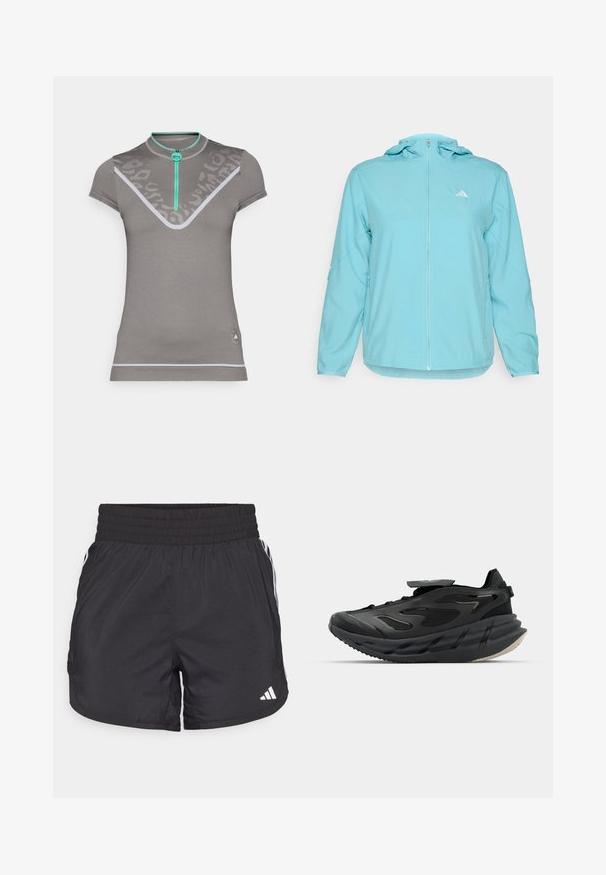 Gaiši zila kapucea jaka ar pilnu priekšējo rāvējslēdzēju, kurai ir mazs balts logo kreisajā krūtī un rāvējslēdzēju sānu kabatas.; Pelēks sporta krekls ar īsu apkakli, turkoīza krāsas rāvējslēdzēju un V formas dizainu. Gaiši pelēkas akcenti un tekstūra piešķir vizuālu interesi.; Melnas sporta bikses ar elastīgu jostu, sānu kabatām un baltām svītrām uz sāniem. Izgatavotas no viegla materiāla.; adidas by Stella McCartney ADISTAR - Treniņkurpes - core black/utility black/almond milk