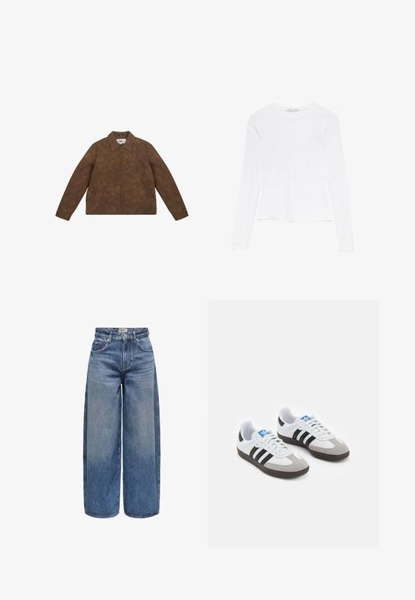 Braune Kunstlederjacke mit einem Reißverschluss vorne, großem Kragen und zwei seitlichen Taschen. Sie hat eine subtile marmorierte Textur und eng anliegende Bündchen.; Weißes Langarmoberteil mit Rundhalsausschnitt. Hat ein enganliegendes Design, eine glatte Stoffoberfläche und einen leicht gekürzten Saum.; Weite Jeans aus Denim in Mittelblau mit hoher Taille, sichtbaren Nähten, fünf Taschen und einem Knopfverschluss vorne.; Sportschuhe mit einem Obermaterial aus weißem Leder, grauer Wildleder-Zehenkappe und drei schwarzen Streifen. Sie verfügen über ein blaues Logo auf der Zunge und eine strukturierte Gummisohle.