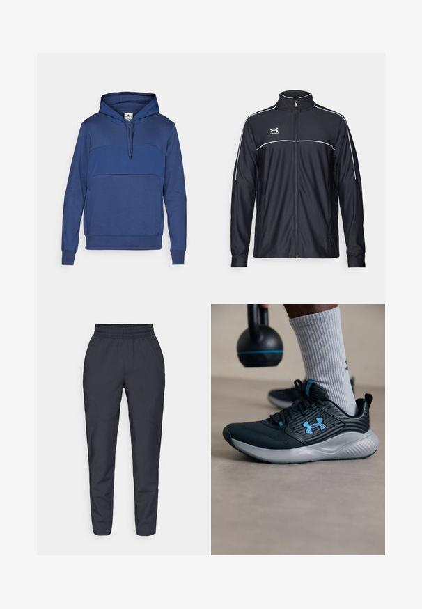 Sort atletisk jakke lavet af glat stof, med høj krave, fuld lynlås og hvide piping langs skuldrene og brystet.; Marineblå trøje med hætte, lavet af blødt stof, med et kontrastfarvet blåt panel henover brystet, snor i hætten og ribbede mansjetter.; Mørkeblå tapered bukser lavet af blødt stof, med elastisk talje, sidelommer og en glat overflade med diskrete syning detaljer.; Sort atletiksko med blå accenter, struktureret overdel og grå sål. Båret med grå ribbede sokker, ved siden af en sort kettlebell.