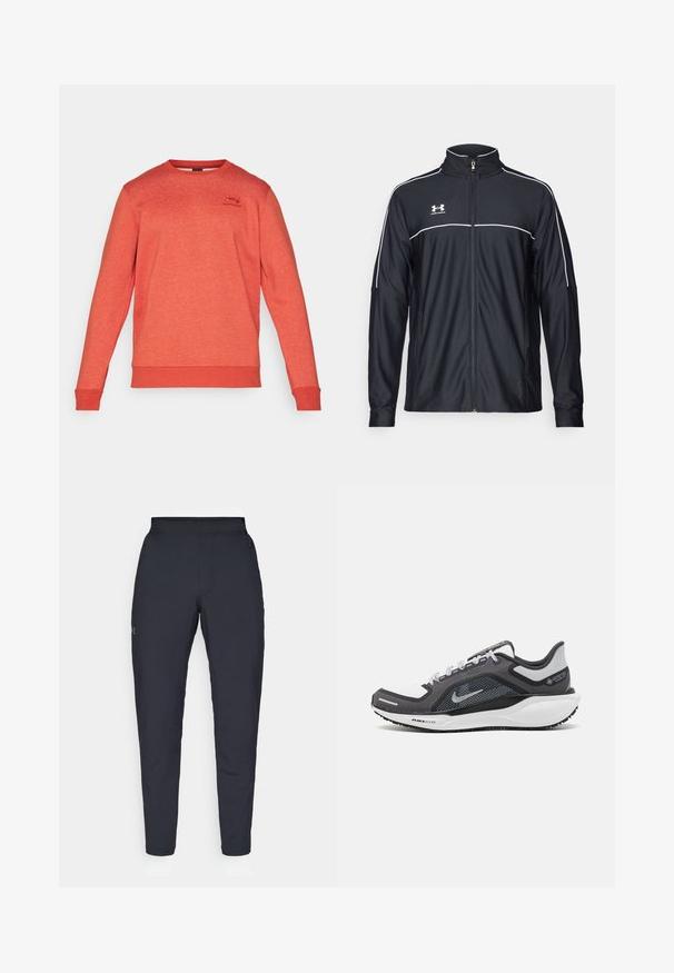 Giacca sportiva nera realizzata in tessuto liscio, con colletto alto, zip completa e piping bianco lungo le spalle e il petto.; Under Armour ICON FLEECE - Felpa - earthen orange/light heather; Pantaloni sportivi neri con una texture liscia, vestibilità slim, vita elastica e tasche laterali. Presentano un piccolo logo sulla coscia sinistra.; Scarpa da ginnastica nera e grigia con tomaia in rete, dettagli riflettenti e intersuola bianca. Presenta una suola in gomma testurizzata e lacci.