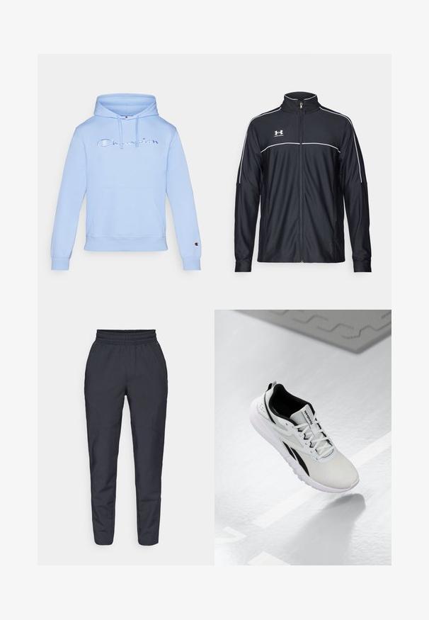 Melnā sporta jaka, izgatavota no gludas auduma, ar augstu apkakli, pilnu rāvējslēdzēju un baltu apdari gar pleciem un krūtīm.; Gaiši zilā kapucē, kas izgatavota no kokvilnas maisījuma, ar priekšējo kabatu un kapuci ar aukliņu. Izšūta "Champion" logo uz krūtīm.; Jūras spēku šauras bikses, izgatavotas no mīksta auduma, ar elastīgu jostu, sānu kabatām un gludu tekstūru ar smalkiem šuvumu papildinājumiem.; Gaišpelēka sporta apava ar melniem akcentiem, strukturēta sieta augšdaļa, mīkstināta zole un auklu aizdare. Iekļauj papēža vilkšanas cilpu.