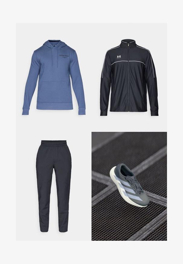 Jaqueta atlética preta feita de tecido liso, com gola alta, fecho éclair completo e detalhes em branco ao longo dos ombros e do peito.; Sweatshirt com capuz em azul mesclado, feito de um tecido suave. Apresenta um bolso canguru, punhos canelados e um logotipo impresso no peito.; Calças ajustadas em azul-marinho fabricadas em tecido suave, com um cós elástico, bolsos laterais e uma textura lisa com detalhes de costura subtis.; Shoe desportivo em cinza e branco, feito de material sintético, com um design aerodinâmico, acabamento texturizado e um sistema de atacadores proeminente.