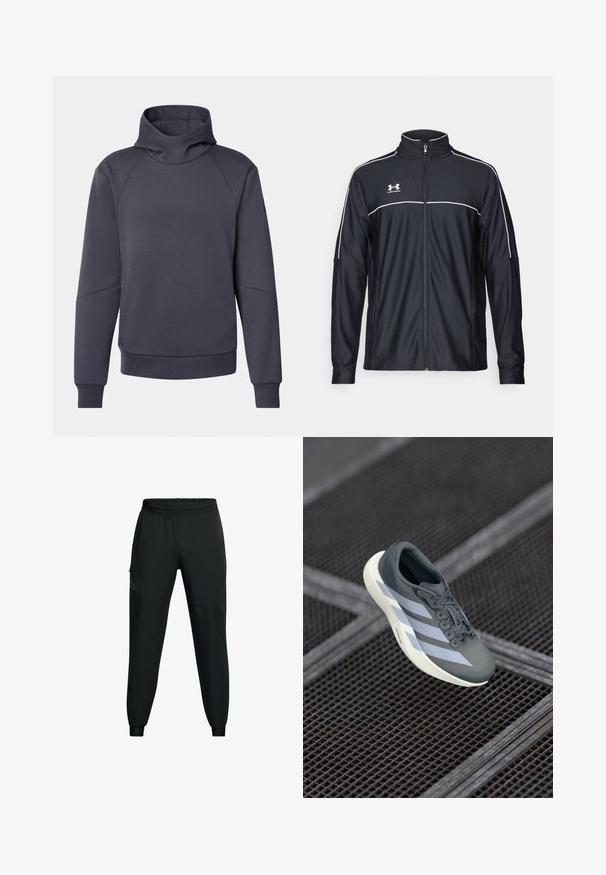 Giacca sportiva nera realizzata in tessuto liscio, con colletto alto, zip completa e piping bianco lungo le spalle e il petto.; Felpa grigia scura con colletto alto e ripiegato, maniche raglan, polsini e orlo a costine. Realizzata in un tessuto morbido con una consistenza liscia.; Pantaloni sportivi neri con fascia elastica in vita, design con gamba affusolata, tasche laterali e dettagli a pannello a contrasto. Tessuto leggero e morbido.; Scarpa sportiva grigia e bianca, realizzata in materiale sintetico, con un design aerodinamico, finitura testurizzata e sistema di allacciatura prominente.