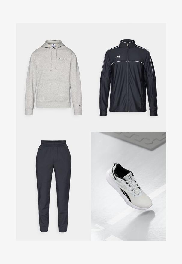 Giacca sportiva nera realizzata in tessuto liscio, con colletto alto, zip completa e piping bianco lungo le spalle e il petto.; Felpa grigia con cappuccio e coulisse, tasca a marsupio e logo ricamato sul petto. Tessuto in misto cotone con polsini e orlo a coste.; Pantaloni tapered blu realizzati in tessuto morbido, con elastico in vita, tasche laterali e una texture liscia con dettagli di cucitura discreti.; Scarpa sportiva grigia chiara con dettagli neri, tomaia in rete testurizzata, suola imbottita e chiusura con lacci. Presenta un linguetta sul tallone.