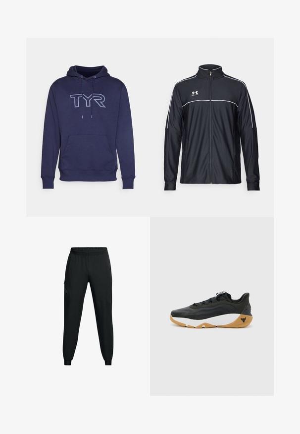 Fekete sportdzseki sima szövetből, magas nyakkal, teljes cipzárral és fehér díszítéssel a vállakon és a mellkason.; Sötétkék kapucnis pulóver, puha anyagból készült, elülső részén kenguruzseb és egy nagy, világosabb árnyalatú TYR logó található.; Fekete sportnadrág, elasztikus derékpánttal, tapered lábfallal, oldalsó zsebekkel és kontrasztos panel részletekkel. Könnyű, sima anyag.; Under Armour PROJECT ROCK 8 - Edzőcipő - black/white