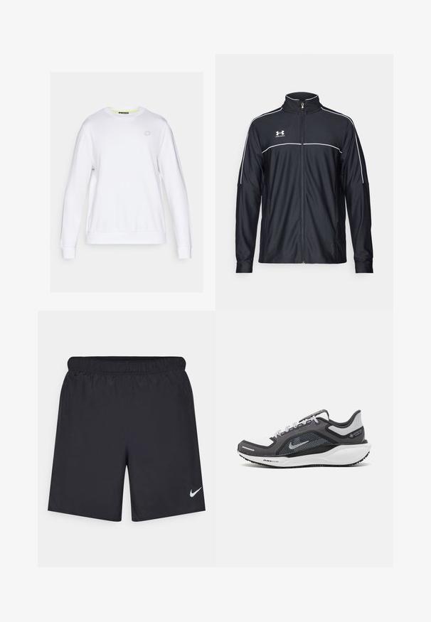 Jaqueta atlética preta feita de tecido liso, com gola alta, fecho éclair completo e detalhes em branco ao longo dos ombros e do peito.; Sweatshirt branco com mangas longas, gola redonda e punhos canelados. Apresenta um logótipo geométrico discreto no peito. Textura suave.; Calças de desporto pretas feitas de material leve com uma cintura elástica. Apresenta um pequeno logótipo branco da Nike no canto inferior esquerdo.; Sapatilha atlética preta e cinza com parte superior em malha, detalhes reflexivos e uma entressola branca. Apresenta uma sola de borracha texturizada e atacadores.