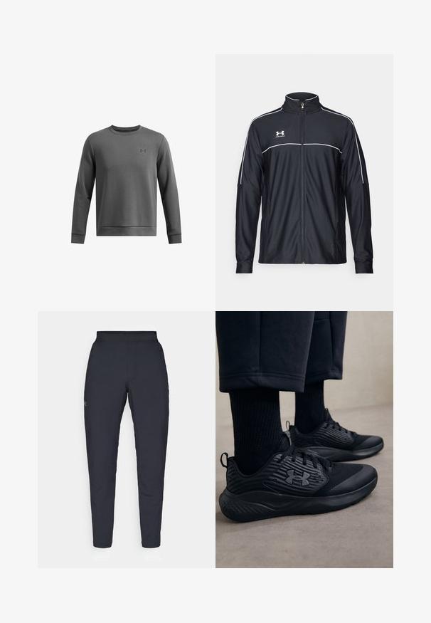 Zwarte sportjack van soepel materiaal, met een hoge kraag, volledige ritssluiting en witte piping langs de schouders en borst.; Grijze sweatshirt met een ronde hals en lange mouwen, gemaakt van een zacht materiaal met een subtiele structuur. Logo gedrukt op de borst.; Zwarte sportbroeken met een gladde textuur, slanke pasvorm, elastische tailleband en zijzakken. Bevat een klein logo op het linkerdij.; Persoon in zwarte sport sneakers met gestructureerde zijkanten en logo, gecombineerd met zwarte sokken en cropped broek op een lichte vloer.