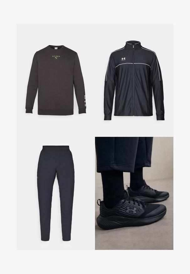 Giacca sportiva nera realizzata in tessuto liscio, con colletto alto, zip completa e piping bianco lungo le spalle e il petto.; Felpa nera con maniche lunghe, collo rotondo, logo riflettente giallo "HYROX" sul petto e scritta bianca sulla manica sinistra. Materiale morbido in felpa.; Pantaloni sportivi neri con una texture liscia, vestibilità slim, vita elastica e tasche laterali. Presentano un piccolo logo sulla coscia sinistra.; Persona che indossa sneakers sportive nere con lati testurizzati e logo, abbinate a calze nere e pantaloni corti su un pavimento chiaro.