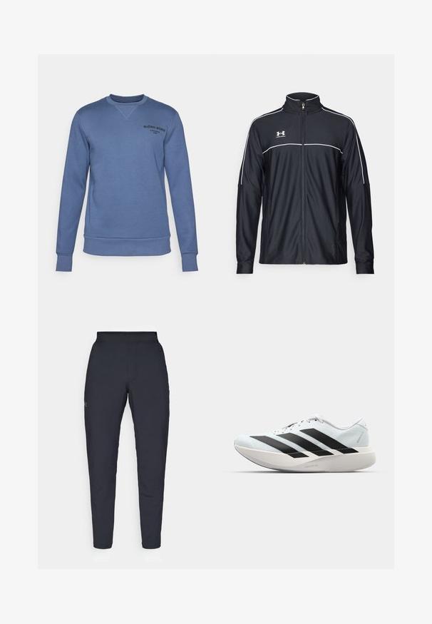 Μαύρο αθλητικό μπουφάν από λείο ύφασμα, με ψηλό γιακά, πλήρη φερμουάρ και λευκό ρέλι στους ώμους και στο στήθος.; Γαλάζια φούτερ μπλούζα με στρογγυλή λαιμόκοψη φτιαγμένη από βαμβακερή μίξη υλικών. Διαθέτει ριμπ μανσέτες και στρίφωμα, με ένα μικρό μαύρο λογότυπο στο στήθος.; Μαύρο αθλητικό παντελόνι με λεία υφή, στενή εφαρμογή, ελαστική μέση και πλαϊνές τσέπες. Διαθέτει ένα μικρό λογότυπο στον αριστερό μηρό.; Ελαφριά αθλητικά παπούτσια τρεξίματος σε ανοιχτό μπλε με μαύρες ρίγες. Διαθέτουν λείο άνω μέρος, στρογγυλή μύτη και παχύ λευκό ενδιάμεσο πέλμα που φέρει την ετικέτα "LIGHTSTRIKE PRO."