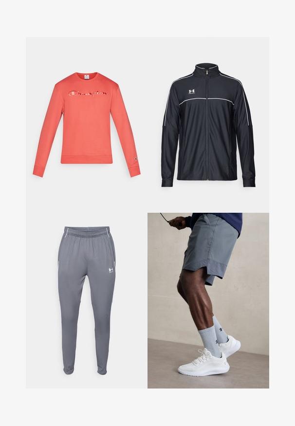 Mustmust rõivakate, mis on valmistatud siledast kangast, kõrge kraega, täispika tõmblukuga ja valgete ääristega õlgadel ja rinnaosas.; Korallivärvi pikkharkega sviiter, millel on tikandiga "Champion" logo, soonikud mansettides ja vöös. Pehme puuvillane kangas, klassikaline ümmargune kaelus.; Hallid hallid spordipüksid elastse vöökoha, küljetaskute ja valgete detailidega. Valmistatud siledast, kergest materjalist.; Valged spordijalatsid tekstuurse võrguga pealispinnaga, millele on lisatud helesinised ribakujulised sokid logoga. Hallid spordilühikesed püksid, millel on perforeeritud ääred.