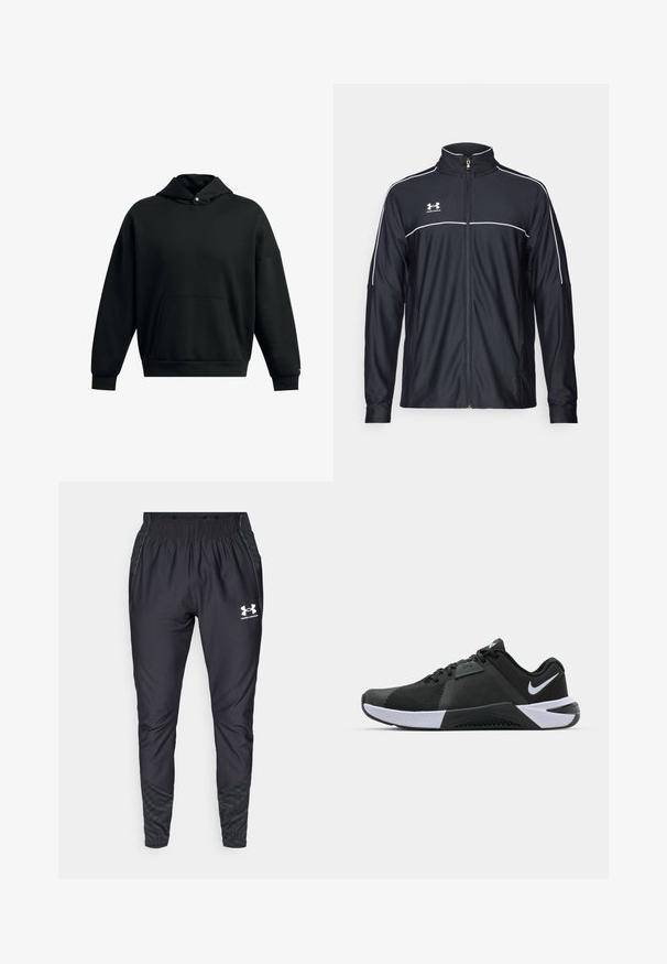 Black athletic jacket made of smooth fabric, featuring a high collar, full zipper, and white piping along the shoulders and chest.; Black hooded sweatshirt made of soft fabric, featuring a large front pocket, dropped shoulders, and ribbed cuffs for a relaxed fit.; Under Armour PRO PANT - Tracksuit bottoms - black/white; Nike Performance METCON 10 - Training shoe - black/white/anthracite
