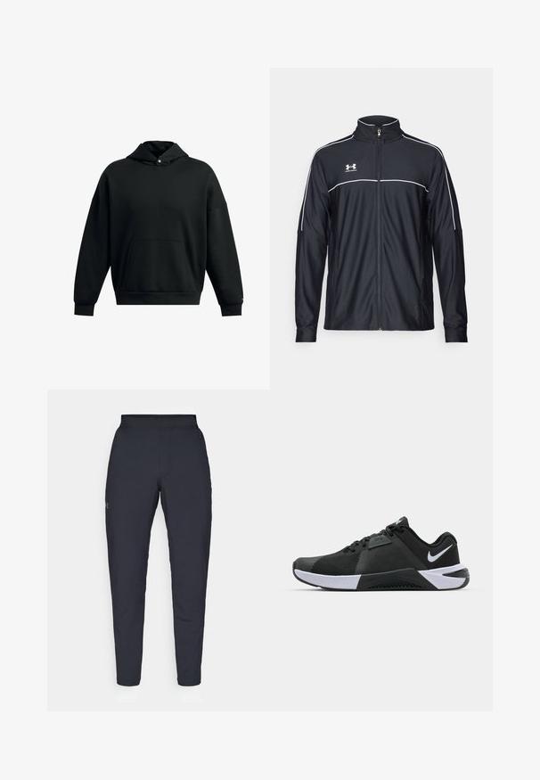 Mustmust rõivakate, mis on valmistatud siledast kangast, kõrge kraega, täispika tõmblukuga ja valgete ääristega õlgadel ja rinnaosas.; Mustvalge kapuutsiga sviiter, mis on valmistatud pehmest kangast, millel on suur eesmine tasku, langevad õlavarred ja soonikkäised mugavaks istumiseks.; Mustad mustreid spordipüksid, millel on sile tekstuur, kitsas lõige, elastne vöökoht ja küljetaskud. Vasakule reiele on tikandatud väike logo.; Nike Performance METCON 10 - Treeningjalatsid - black/white/anthracite