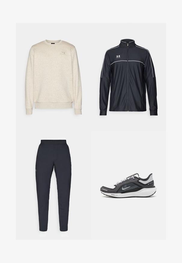 Giacca sportiva nera realizzata in tessuto liscio, con colletto alto, zip completa e piping bianco lungo le spalle e il petto.; Felpa beige in morbido tessuto testurizzato con collo a giro. Presenta polsini e orlo a coste. Caratterizzata da un piccolo logo sul lato sinistro del petto.; Pantaloni sportivi neri con una texture liscia, vestibilità slim, vita elastica e tasche laterali. Presentano un piccolo logo sulla coscia sinistra.; Scarpa da ginnastica nera e grigia con tomaia in rete, dettagli riflettenti e intersuola bianca. Presenta una suola in gomma testurizzata e lacci.