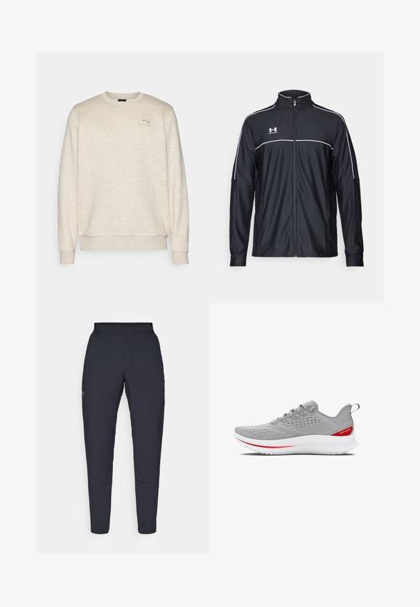 Schwarze Sportjacke aus glattem Material, mit hohem Kragen, durchgehendem Reißverschluss und weißen Paspeln entlang der Schultern und der Brust.; Beiger Sweatshirt aus weichem, strukturiertem Stoff mit Rundhalsausschnitt, gerippten Bündchen und Saum. Mit kleinem Logo auf der linken Brust.; Schwarze Sporthose mit glatter Textur, schlankem Schnitt, elastischem Bund und seitlichen Taschen. Mit einem kleinen Logo auf dem linken Oberschenkel.; Hellgrauer Laufschuh mit einem gemusterten Mesh-Obermaterial, weißer Mittelsohle mit rotem Akzent und strukturiertem Außensohle für Grip.