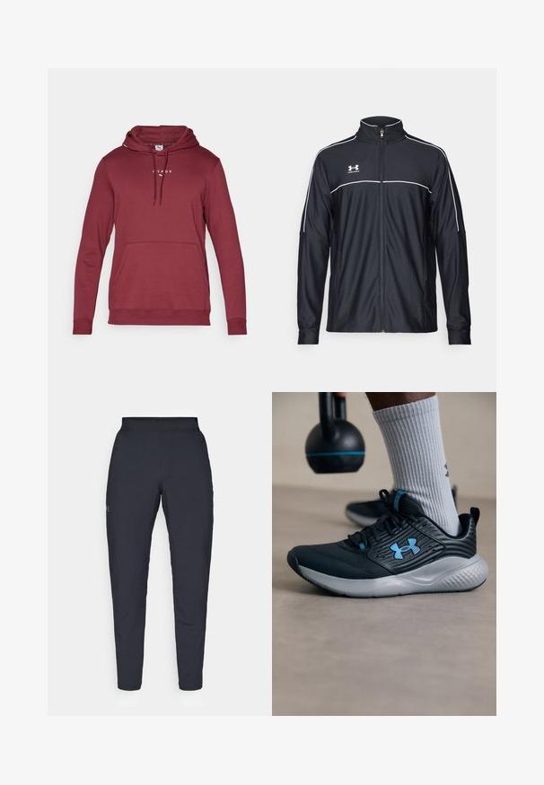 Giacca sportiva nera realizzata in tessuto liscio, con colletto alto, zip completa e piping bianco lungo le spalle e il petto.; Felpa bordeaux con cappuccio regolabile, tasca frontale e polsini a costine. Presenta un testo logo bianco sul petto. Tessuto morbido.; Pantaloni sportivi neri con una texture liscia, vestibilità slim, vita elastica e tasche laterali. Presentano un piccolo logo sulla coscia sinistra.; Scarpone sportivo nero con accenti blu, tomaia testurizzata e suola grigia. Indossato con calzini grigi a costine, accanto a un kettlebell nero.