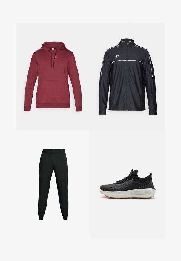 Juodas sportinis džemperis, pagamintas iš lygaus audinio, turintis aukštą apykaklę, pilną užtrauktuką ir baltą apvadą palei pečius ir krūtinę.; Bordo spalvos gobtuvė su raišteliu, priekinė kišenė ir susiūti rankogaliai. Papuošta balta logotipo tekstu ant krūtinės. Minkšta audinio tekstūra.; Juodi sportiniai kelnės su elastinga juosmena, siaurėjančio pjūvio, šoninėmis kišenėmis ir kontrastingais panelių detalėmis. Lengvas, lygus audinys.; Juoda sportinė avalynė su tekstūruotu paviršiumi, kaip kojinės apykakle, pilkais raišteliais ir balta tarpine su raštuotu dizainu bei guminėmis pado dalimis.