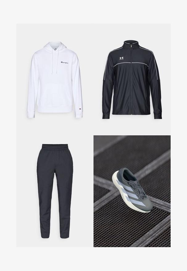 Svart treningsjakke laget av glatt stoff, med høy krage, full glidelås og hvite detaljer langs skuldrene og brystet.; Hvit hettegenser laget av myk bomull, med en frontlomme, snøring i hetta, og svart brodert logo på brystet.; Marinebukser i tapered snit lavet af blødt materiale, med elastisk talje, sidelommer og en glat tekstur med diskrete syninger.; Sportsko leketøy i grått og hvitt, laget av syntetisk materiale, med et strømlinjeformet design, teksturert overflate og fremtredende snøresystem.