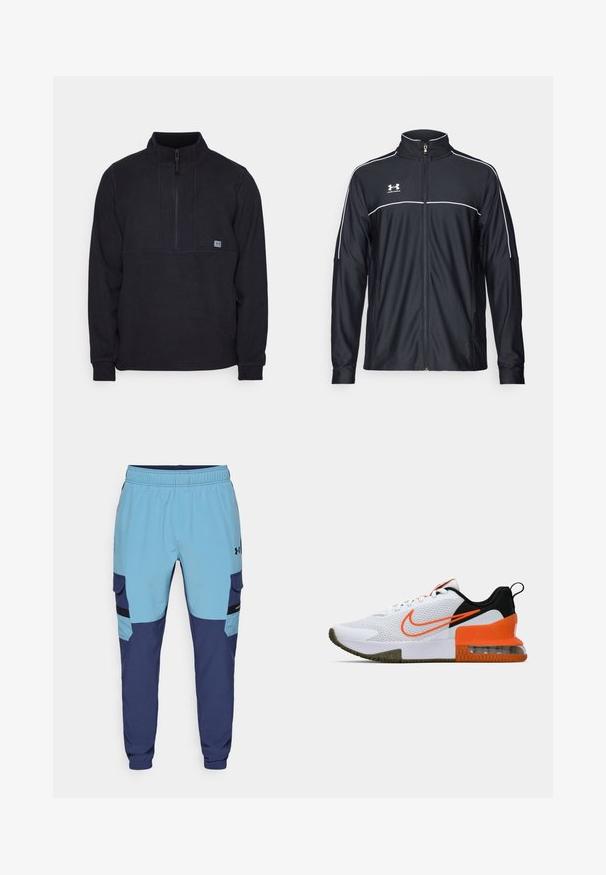 Juodas sportinis džemperis, pagamintas iš lygaus audinio, turintis aukštą apykaklę, pilną užtrauktuką ir baltą apvadą palei pečius ir krūtinę.; Juoda fliso apykaklė su pusiau užtrauktuku, su krūtinės siūle ir mažuoju logotipu kairėje pusėje. Minkšta tekstūra, ilgos rankovės.; Mėlyni ir tamsiai mėlyni sportiniai šortai su elastinga juosta, šoninėmis kišenėmis ir cargo stiliaus akcentais. Pagaminti iš minkštos, kvėpuojančios medžiagos.; Baltas sportinis batas su tekstūruota tinkline viršutine dalimi, juodais ir oranžiniais akcentais, storu guminio pado sluoksniu ir AIr pagalvės skaidriąja dalimi kulne.