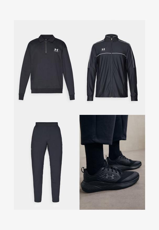 Zwarte sportjack van soepel materiaal, met een hoge kraag, volledige ritssluiting en witte piping langs de schouders en borst.; Donkergrijs pullover sweatshirt met een ritssluiting bij de kraag. Bevat het Under Armour-logo in het wit aan de bovenste linkerkant. Zachte stoffen textuur.; Zwarte sportbroeken met een gladde textuur, slanke pasvorm, elastische tailleband en zijzakken. Bevat een klein logo op het linkerdij.; Persoon in zwarte sport sneakers met gestructureerde zijkanten en logo, gecombineerd met zwarte sokken en cropped broek op een lichte vloer.