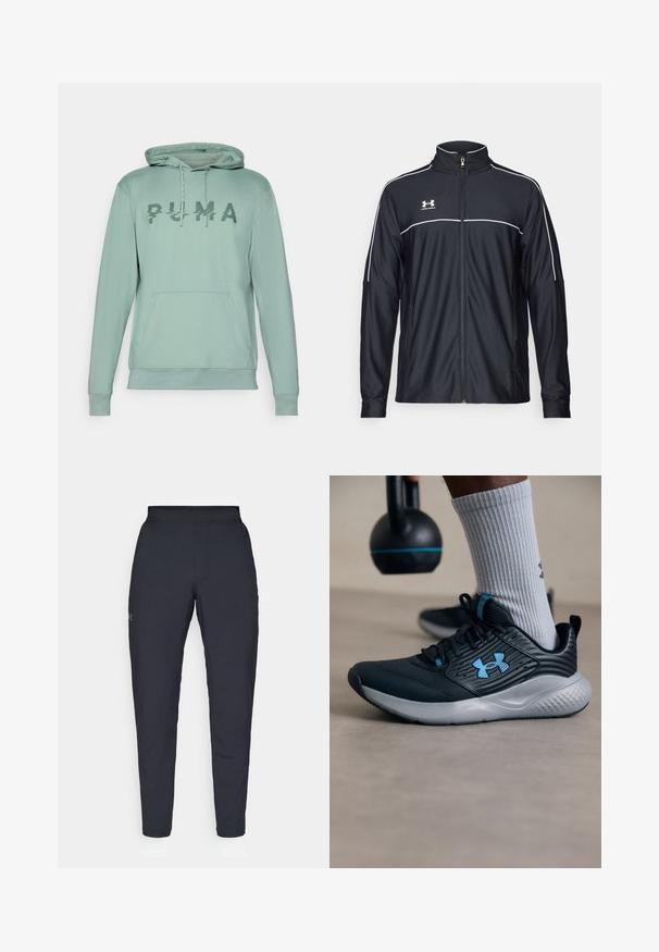Veste de sport noire en tissu lisse, avec un col haut, une fermeture éclair intégrale et des empiècements blancs le long des épaules et de la poitrine.; Sweat-shirt à capuche vert clair avec poche kangourou, présentant un logo "PUMA" texturé sur la poitrine et des cordons pour la capuche.; Pantalons de sport noirs avec une texture lisse, coupe slim, taille élastique et poches latérales. Présente un petit logo sur la cuisse gauche.; Chaussure de sport noire avec des accents bleus, tige texturée et semelle grise. Portée avec des chaussettes à côtes grises, à côté d'un kettlebell noir.