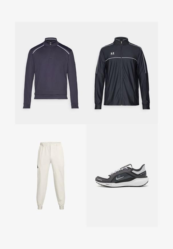 Mustmust rõivakate, mis on valmistatud siledast kangast, kõrge kraega, täispika tõmblukuga ja valgete ääristega õlgadel ja rinnaosas.; Tumesinine pusak, millel on lukk krae, pikad varrukad ja kontrastsed õlavarre aksendid. Pehme tekstuur ja vormitud disain mugavuse ja liikumisvabaduse tagamiseks.; Heledesbeez jogger-püksid, veniva vöökoha, küljetaskute ja soonikuga varrukatekestega; funktsioneerivad must logo aktsent vasakul puusal.; Mustern ja hallide värvusega spordijalats, millel on võrgusilmast ülemine osa, peegeldavad aktsendid ja valge vaheosa. Omab tekstuuriga kummist välisosa ja kingapaelu.