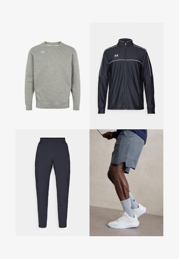 Čierna športová bunda vyrobená z hladkej látky, s vysokým golierom, plným zipsom a bielymi pásikmi pozdĺž ramien a hrudníka.; Sivý mikina vyrobená z mäkkého materiálu, s okrúhlym výstrihom, dlhými rukávmi a malým logom na hornej ľavej strane hrude.; Čierne športové nohavice s hladkým povrchom, priliehavým strihom, elastickým pásom a bočnými vreckami. Obsahujú malé logo na ľavom stehne.; Biele atletické topánky s textúrovaným sieťovinovým zvrškom, v kombinácii so svetlomodrými rebrovanými ponožkami s logom. Šedé atletické šortky s perforovaným lemem.