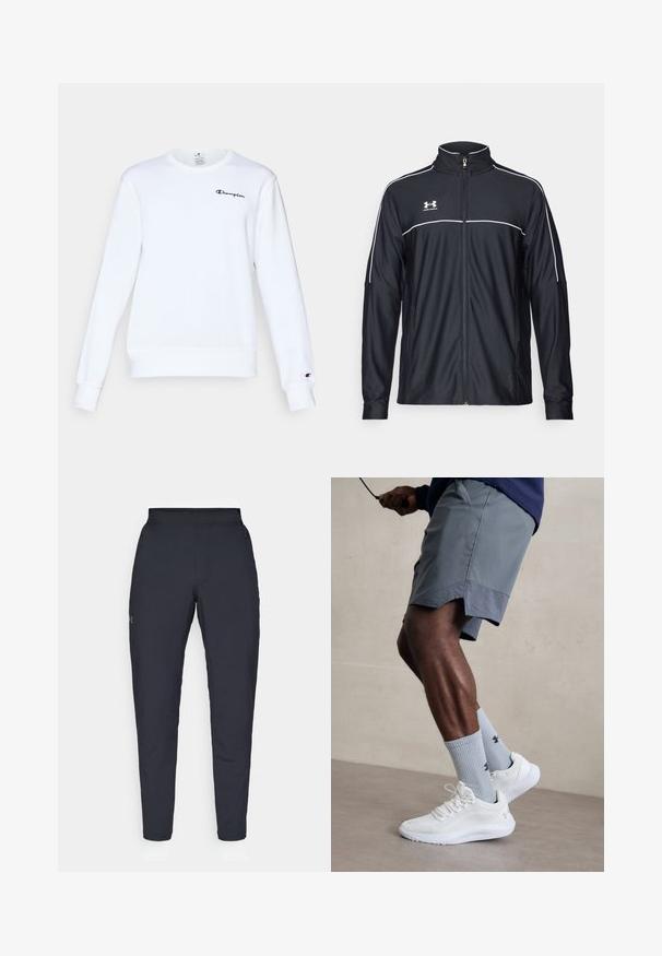 Čierna športová bunda vyrobená z hladkej látky, s vysokým golierom, plným zipsom a bielymi pásikmi pozdĺž ramien a hrudníka.; Biele bavlnené mikina s dlhými rukávmi, okrúhlym výstrihom, rebrovanými manžetami a lemom, s malým čiernym logom "Champion" na hrudi.; Čierne športové nohavice s hladkým povrchom, priliehavým strihom, elastickým pásom a bočnými vreckami. Obsahujú malé logo na ľavom stehne.; Biele atletické topánky s textúrovaným sieťovinovým zvrškom, v kombinácii so svetlomodrými rebrovanými ponožkami s logom. Šedé atletické šortky s perforovaným lemem.