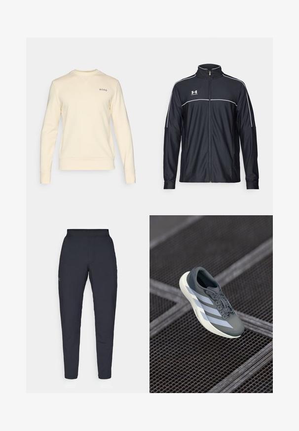 Zwarte sportjack van soepel materiaal, met een hoge kraag, volledige ritssluiting en witte piping langs de schouders en borst.; Crème-kleurige sweatshirt gemaakt van zachte stof, met een ronde halslijn, lange mouwen en een klein geborduurd logo op de borst.; Zwarte sportbroeken met een gladde textuur, slanke pasvorm, elastische tailleband en zijzakken. Bevat een klein logo op het linkerdij.; Sportschoen in grijs en wit, gemaakt van synthetisch materiaal, met een gestroomlijnd ontwerp, textuurafwerking en een opvallend vetersysteem.