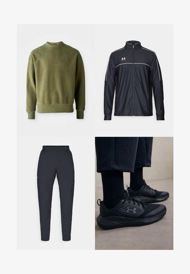 Jaqueta atlética preta feita de tecido liso, com gola alta, fecho éclair completo e detalhes em branco ao longo dos ombros e do peito.; Sweatshirt verde oliva com acabamento texturizado, mangas longas, punhos e bainha canelados, e um discreto detalhe bordado no peito.; Calças de desporto negras com uma textura suave, corte justo, cintura elástica e bolsos laterais. Apresenta um pequeno logótipo na coxa esquerda.; Pessoa a usar ténis de desporto pretos com lados texturizados e logótipo, combinados com meias pretas e calças curtas num chão claro.