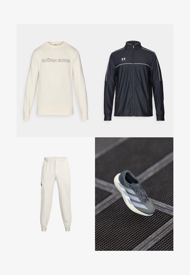 Čierna športová bunda vyrobená z hladkej látky, s vysokým golierom, plným zipsom a bielymi pásikmi pozdĺž ramien a hrudníka.; Krémový sveter s priedušným materiálom, dizajnom s okrúhlym výstrihom a výrazným logom "BJÖRN BORG" na hrudi v čiernej farbe.; Svetlo béžové jogger nohavice s elastickým pásom, bočnými vreckami a rebrovanými manžetami; majú čierny logotyp na ľavom boku.; Športová obuv v šedej a bielej farbe, vyrobená z umelých materiálov, s aerodynamickým dizajnom, textúrovaným povrchom a výrazným šnurovacím systémom.