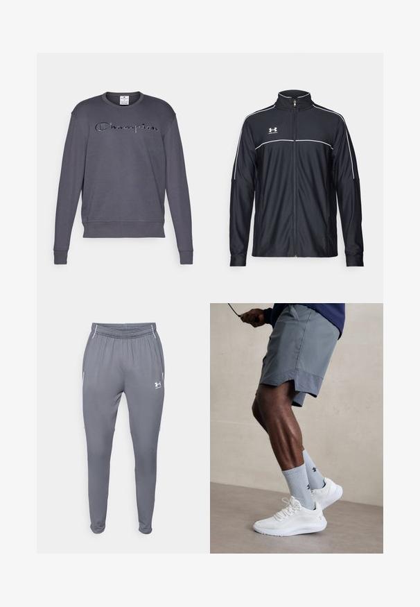 Melnā sporta jaka, izgatavota no gludas auduma, ar augstu apkakli, pilnu rāvējslēdzēju un baltu apdari gar pleciem un krūtīm.; Tumši pelēks džemperis ar garām piedurknēm, ribotām aprocēm un apaļo izgriezumu. Priekšpusē ir izšūta "Champion" logo saskaņotā krāsā.; Pelēki sporta bikses ar elastīgu jostu, sānu kabatām un baltām akcents. Izgatavotas no gludas, vieglas materiāla.; Baltas sporta apavu pāris ar strukturētu acs virsu, apvienots ar gaiši zilo riboto zeķu pāri, kurā ir zīmols. Pelēki sporta šorti ar perforētu apdari.