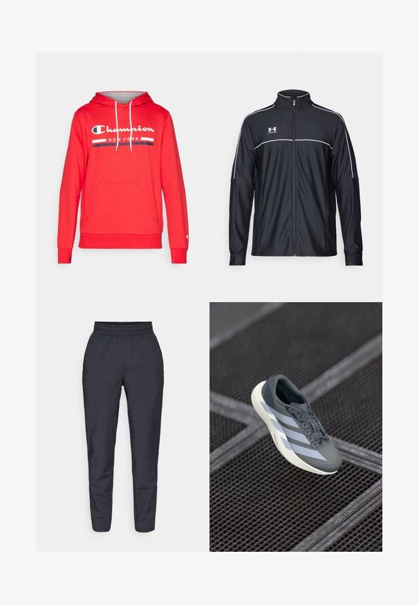 Juodas sportinis džemperis, pagamintas iš lygaus audinio, turintis aukštą apykaklę, pilną užtrauktuką ir baltą apvadą palei pečius ir krūtinę.; Champion GRAPHIC HOODIE - Džemperis su gobtuvu - red; Jūros mėlynos tapered tipo kelnės, pagamintos iš minkštos medžiagos, su elastingu juosmeniu, šoninėmis kišenėmis ir lygia tekstūra su subtiliais siuvinėjimo akcentais.; Sportiniai batai pilkos ir baltos spalvos, pagaminti iš sintetinės medžiagos, su srauniu dizainu, tekstūruota danga ir ryškiu raištelių sistemu.