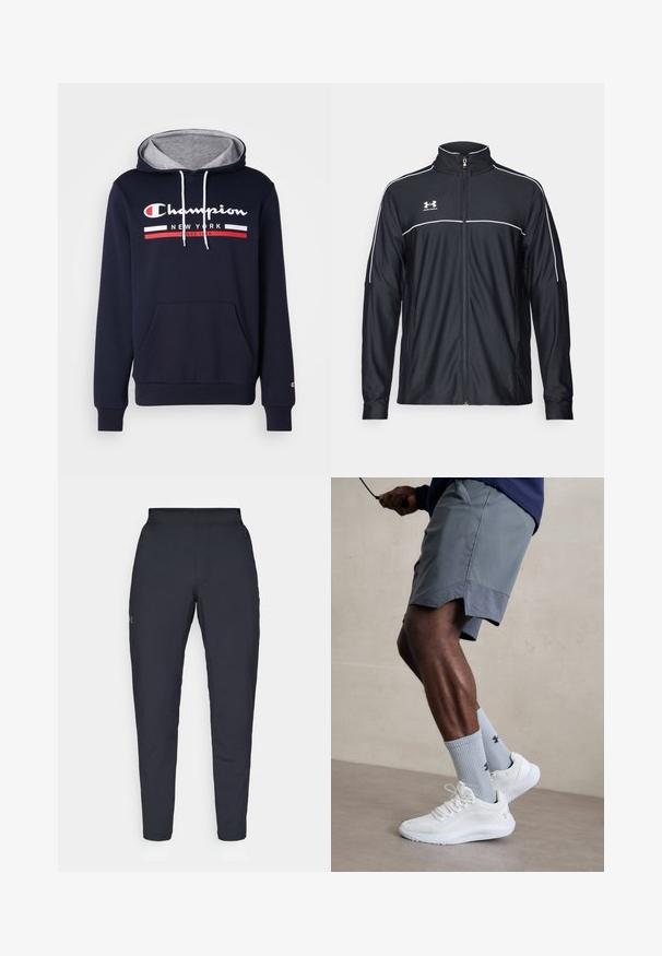 Jachetă sport neagră dintr-un material neted, cu guler înalt, fermoar complet și dungi albe pe umeri și piept.; Hanorac cu glugă de culoare albastră închisă, fabricat din bumbac, prevăzut cu o glugă interioară gri, buzunar frontal și logo Champion alb/roșu cu dungi.; Pantaloni sportivi negri cu o textură fină, croială slim, talie elastică și buzunare laterale. Prezentă un mic logo pe coapsa stângă.; Încălțăminte sport albă cu partea superioară din plasă texturată, asociată cu șosete ribbate de culoare bleu deschis care au un logo. Şorturi sportive gri cu margine perforată.