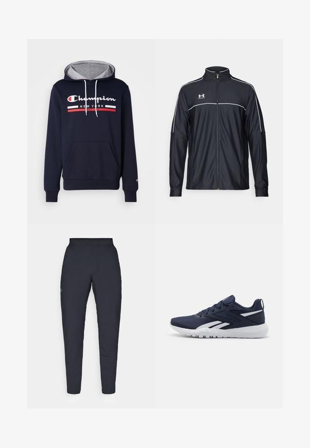 Melnā sporta jaka, izgatavota no gludas auduma, ar augstu apkakli, pilnu rāvējslēdzēju un baltu apdari gar pleciem un krūtīm.; Tumši zils kapuces džemperis, izgatavots no kokvilnas, ar pelēku iekšpusi kapucei, priekšējo kabatu un baltiem/ sarkaniem Champion logotipu un strīpām.; Melnas sporta bikses ar gludu tekstūru, šauru piegriezumu, elastīgu jostu un sānu kabatām. Uz kreisā augšstilba ir mazs logs.; Jūras spēku sporta apavi ar teksturētu sietu augšdaļu, baltu gumijas zoli un kontrastējošiem baltajiem akcentiem. Auklu dizains ar aizmugurē esošu cilpu.