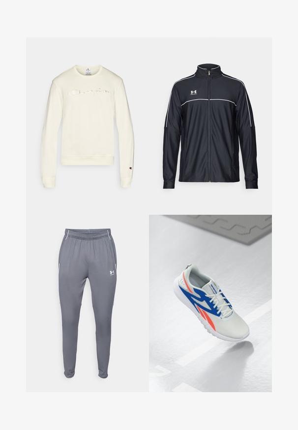 Černá sportovní bunda vyrobena z hladké látky, s vysokým límcem, plným zipem a bílým prošíváním podél ramen a hrudi.; Krémová mikina s dlouhými rukávy, vyšitým logem "Champion" ve shodné barvě, žebrované manžety a lem, hladká textilie.; Šedé sportovní kalhoty s elastickým pasem, postranními kapsami a bílými akcenty. Vyrobeno z hladkého, lehkého materiálu.; Bílé sportovní boty s modrými a červenými akcenty, šněrované a levitující nad světle šedou podlahou s čárou a podložkou v pozadí.