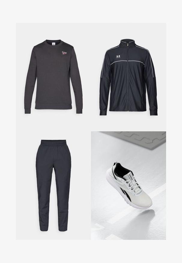 Veste de sport noire en tissu lisse, avec un col haut, une fermeture éclair intégrale et des empiècements blancs le long des épaules et de la poitrine.; Sweat-shirt gris foncé en mélange de coton doux. Il présente un col rond, des manches longues et un petit logo Reebok rouge sur la poitrine.; Pantalons tapered navy en tissu doux, dotés d'une taille élastique, de poches latérales et d'une texture lisse avec de subtils détails de couture.; Baskets de sport gris clair avec accents noirs, dessus en mailles texturées, semelle rembourrée et fermeture à lacets. Comprend une poignée au niveau du talon.