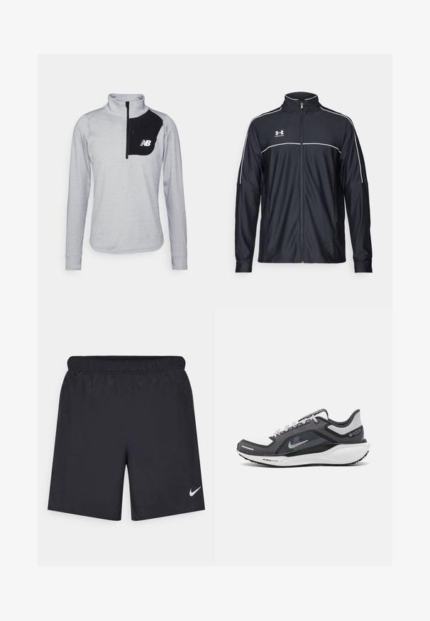 Melnā sporta jaka, izgatavota no gludas auduma, ar augstu apkakli, pilnu rāvējslēdzēju un baltu apdari gar pleciem un krūtīm.; Gaišpelēka džemperis ar ceturtdaļas rāvējslēdzēju, ar teksturētu rakstu, melnu kabatu uz krūtīm un New Balance logo baltā krāsā.; Melnas sporta šorti, izgatavoti no viegla materiāla, ar elastīgu jostu. Uz apakšējā kreisā stūra ir neliels balts Nike logo.; Melnas un pelēkas sporta kurpes ar tīklu augšdaļu, atstarojošiem akcentiem un baltu starpzoli. Aprīkotas ar teksturētu gumijas zoli un šņorēm.
