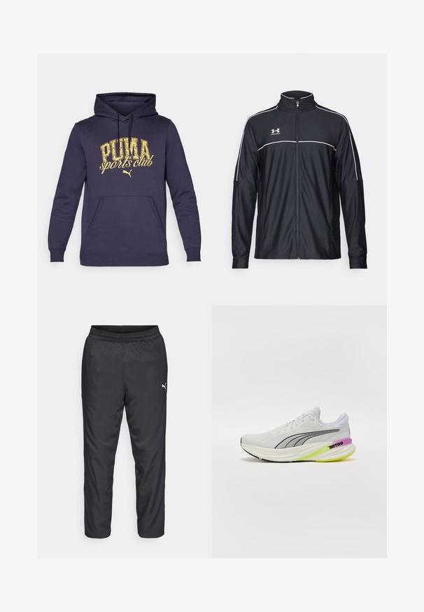 Schwarze Sportjacke aus glattem Material, mit hohem Kragen, durchgehendem Reißverschluss und weißen Paspeln entlang der Schultern und der Brust.; Dunkelblaue Kapuzenjacke aus Baumwollmischung, mit einer vorderen Kängurutasche und einem gelben, abgenutzten Druck, der "PUMA Sports Club" liest.; Schwarze Sporthosen aus glattem, leichtem Material. Sie verfügen über einen elastischen Bund und ein kleines weißes Logo auf der linken Seite.; Weißer Sportschuh mit atmungsaktivem Obermaterial aus Mesh, schwarzen Akzenten und einer mehrfarbigen Sohle mit lila und grünen Details.