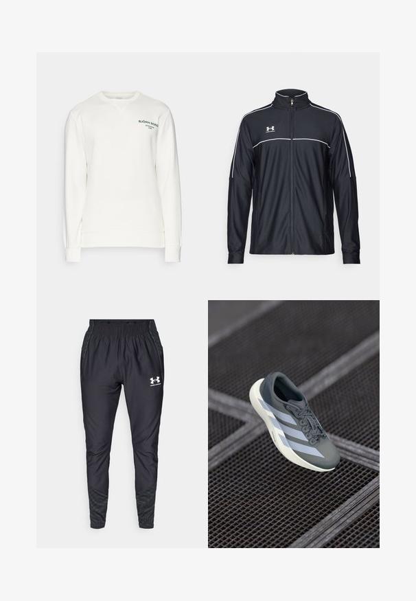 Fekete sportdzseki sima szövetből, magas nyakkal, teljes cipzárral és fehér díszítéssel a vállakon és a mellkason.; Björn Borg ESSENTIAL CREW - Melegítőfelső - cloud dancer; Under Armour PRO PANT - Tréningruha alsók - black/white; Szürke és fehér sportcipő, szintetikus anyagból, áramvonalas kialakítással, texturált felülettel és hangsúlyos fűzőrendszerrel.