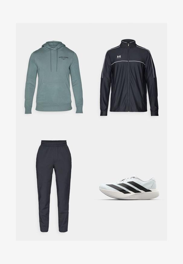 Jaqueta atlética preta feita de tecido liso, com gola alta, fecho éclair completo e detalhes em branco ao longo dos ombros e do peito.; Sweatshirt com capuz num teal suave, feito de tecido macio. Apresenta um bolso frontal tipo canguru e logo impresso a preto no peito.; Calças ajustadas em azul-marinho fabricadas em tecido suave, com um cós elástico, bolsos laterais e uma textura lisa com detalhes de costura subtis.; Tênis de corrida leves em azul pálido com riscas pretas. Apresentam um cabedal liso, bico redondo e uma entressola espessa branca rotulada como "LIGHTSTRIKE PRO."