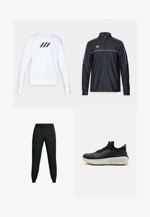 Giacca sportiva nera realizzata in tessuto liscio, con colletto alto, zip completa e piping bianco lungo le spalle e il petto.; Felpa bianca con un patch rettangolare con tre strisce diagonali nere e testo dorato. Tessuto morbido, maniche lunghe e polsini a coste.; Pantaloni sportivi neri con fascia elastica in vita, design con gamba affusolata, tasche laterali e dettagli a pannello a contrasto. Tessuto leggero e morbido.; Scarpa sportiva nera con tomaia texturizzata, colletto simile a un calzino, lacci grigi e una suola intermedia bianca con design a motivi e suola in gomma.