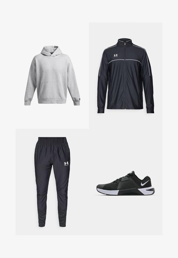 Mustmust rõivakate, mis on valmistatud siledast kangast, kõrge kraega, täispika tõmblukuga ja valgete ääristega õlgadel ja rinnaosas.; Hallja hall sweatshirt pehmest kangast, millel on ees kangaruukotike ja soonikkoes. Lõdva istuvusega ja lihtsa kujundusega.; Under Armour PRO PANT - Dresside alumine osa - black/white; Nike Performance METCON 10 - Treeningjalatsid - black/white/anthracite