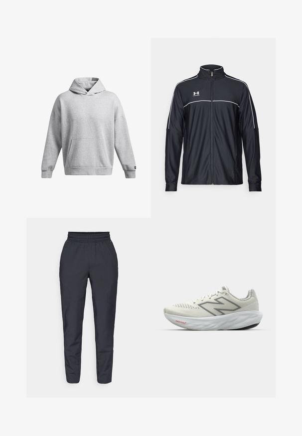 Black athletic jacket made of smooth fabric, featuring a high collar, full zipper, and white piping along the shoulders and chest.; Grey hooded sweatshirt made of soft fabric, featuring a front kangaroo pocket and ribbed cuffs. Relaxed fit with a simple design.; Navy tapered pants made of soft fabric, featuring an elastic waistband, side pockets, and a smooth texture with subtle stitching details.; Running shoe in white with gray accents. Mesh upper, textured sole, and prominent "N" logo. Features a padded collar and "Fresh Foam" label.