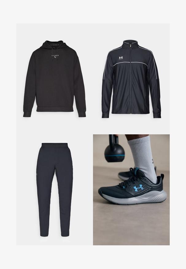 Czarna sportowa kurtka z gładkiego materiału, z wysokim kołnierzem, pełnym zamkiem błyskawicznym oraz białymi lamówkami na ramionach i klatce piersiowej.; Czarna bluza z kapturem wykonana z miękkiego materiału, z przednią kieszenią typu kangur oraz białym tekstem logo na piersi. Rękawy są ściągaczowe.; Czarne spodnie sportowe o gładkiej fakturze, dopasowanym kroju, elastycznej talii i bocznych kieszeniach. Posiadają małe logo na lewym udzie.; Czarny but sportowy z niebieskimi akcentami, teksturowana cholewka i szara podeszwa. Założony z szarymi skarpetami w prążki, obok czarnego kettlebella.