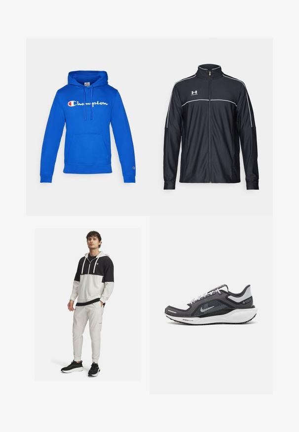Schwarze Sportjacke aus glattem Material, mit hohem Kragen, durchgehendem Reißverschluss und weißen Paspeln entlang der Schultern und der Brust.; Blauer Kapuzenpullover mit einer Fronttasche, einer Kordelzugkapuze und dem weißen "Champion"-Logo. Verfügt über gerippte Bündchen und Saum, hergestellt aus einem Baumwollmischmaterial.; Sportliche Kapuzenjacke in Schwarz und Weiß mit Reißverschluss; kombiniert mit weißen Jogginghosen mit Taschen und elastischen Bündchen; schwarze Sneaker.; Schwarzer und grauer Sportschuh mit einem Mesh-Obermaterial, reflektierenden Akzenten und einer weißen Zwischensohle. Verfügt über eine strukturierte Gummisohle und Schnürsenkel.